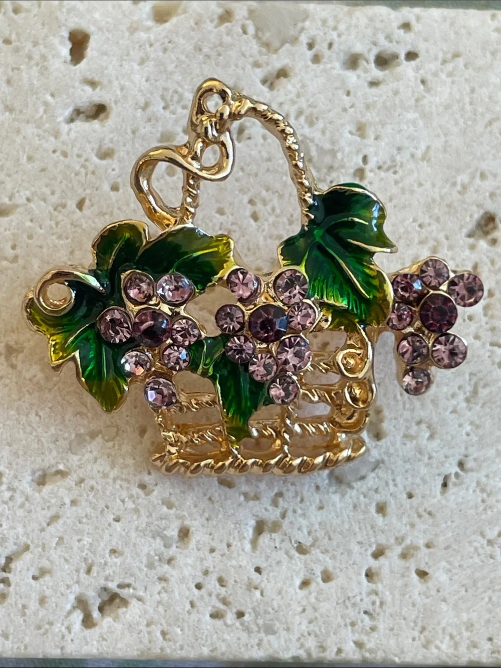Anthropologie Gold Basket Brooch with Pink Crystals and Green Enamel Leaves